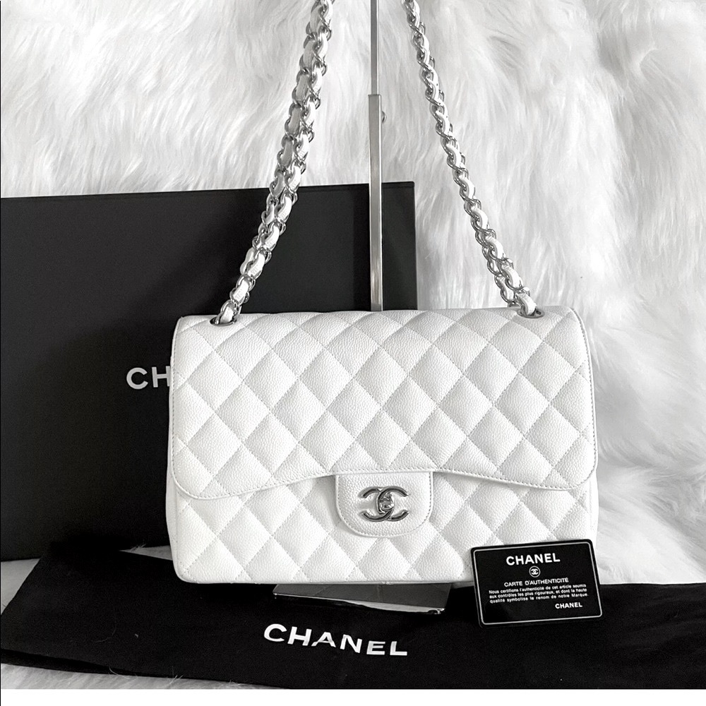 Chanel Jumbo Classic Double Flap Bag White with Silver Chain and Hardware
